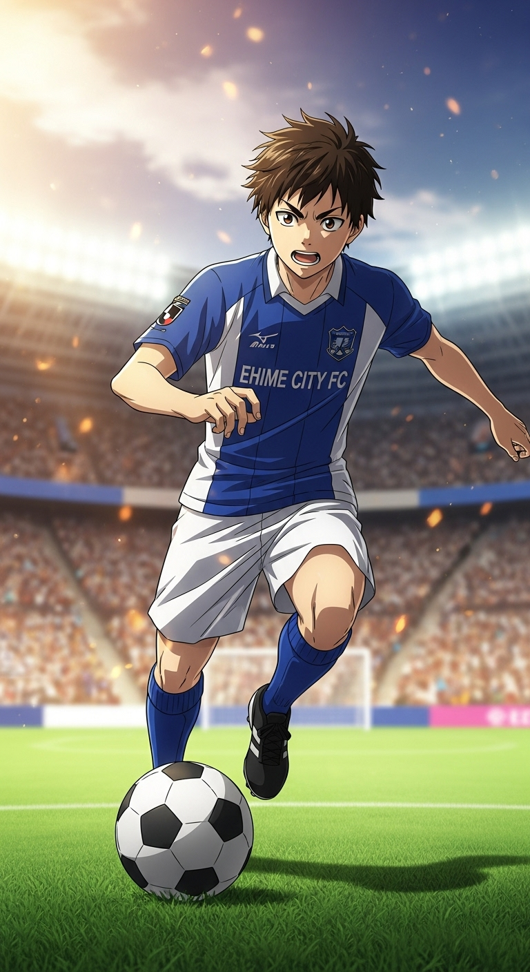 Aoashi anime soccer player in Ehime City FC uniform running with football wallpaper