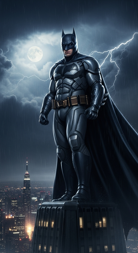 Batman standing on Gotham rooftop with lightning, dark knight 4k hd wallpaper