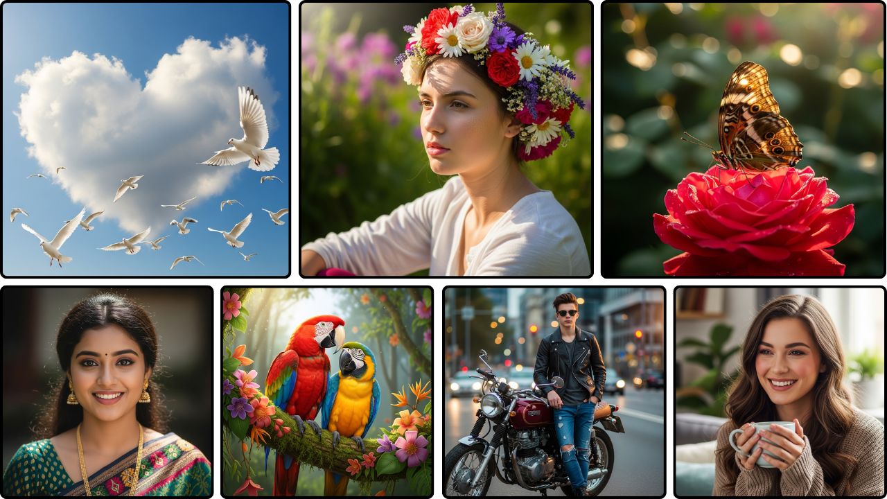 Beautiful collage of butterfly, birds, smiling people, motorcycle, flowers, and love-inspired nature images