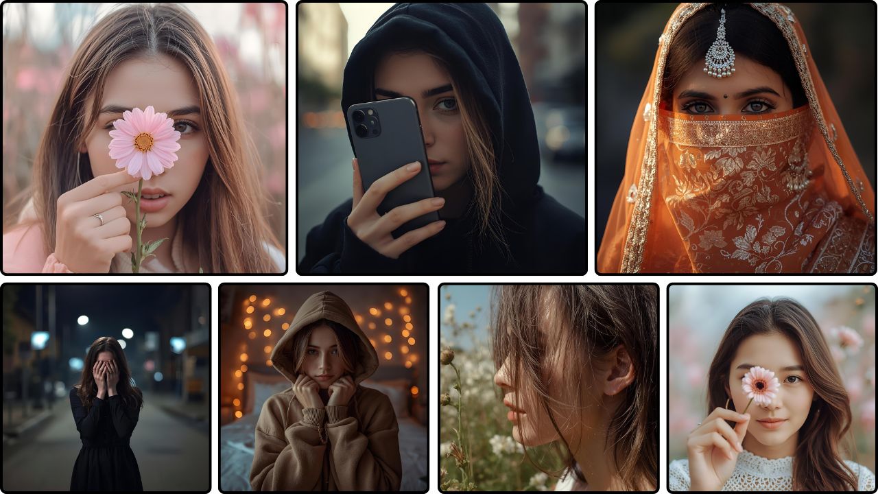Beautiful girl hidden face with flower, hoodie, and bridal veil aesthetic portrait photography