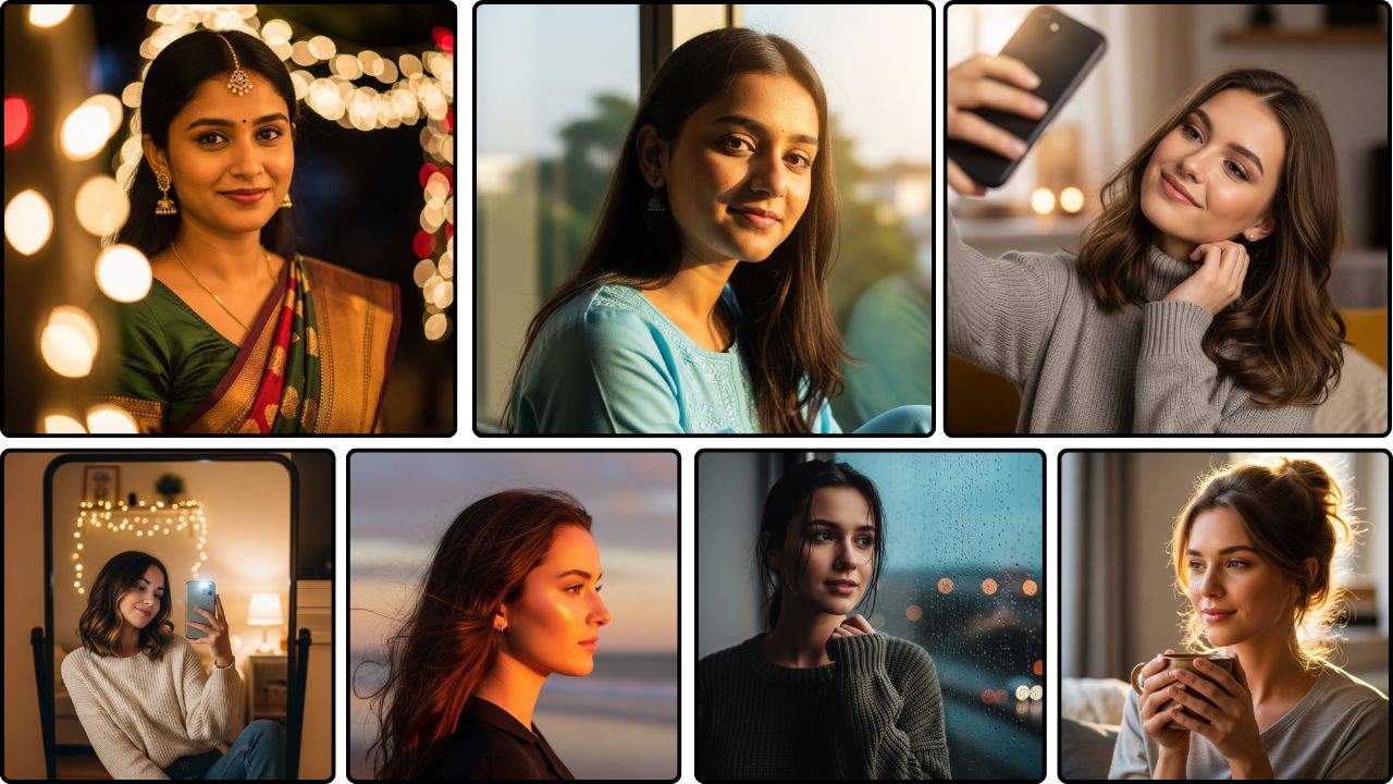 Collage of beautiful women portraits in traditional attire, selfies, and cozy lifestyle moments