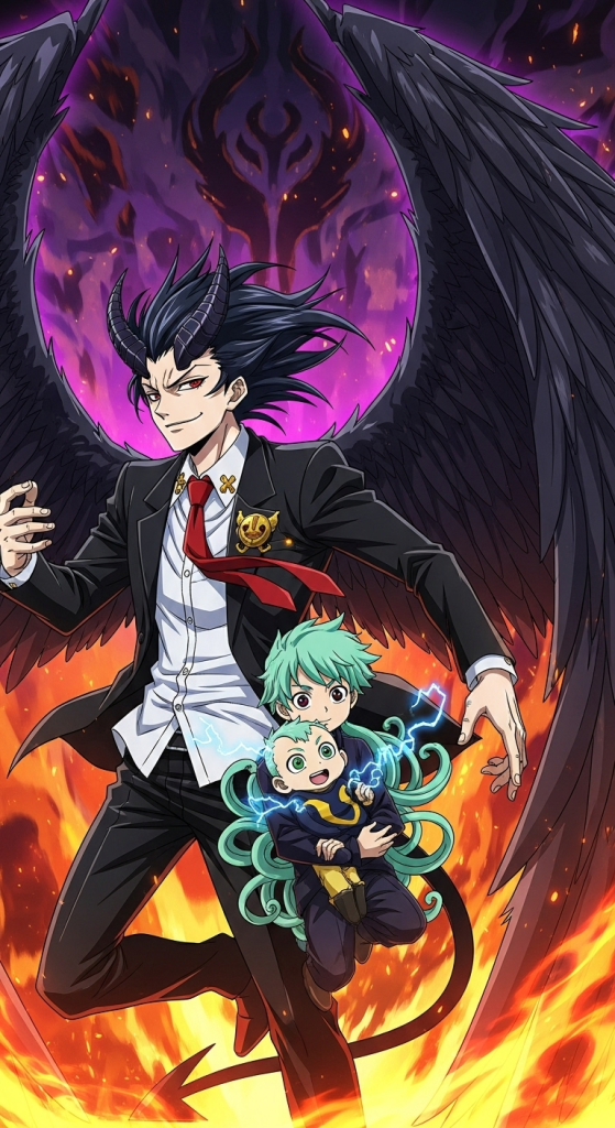 Beelzebub anime wallpaper featuring demon lord with black wings and baby Oga
