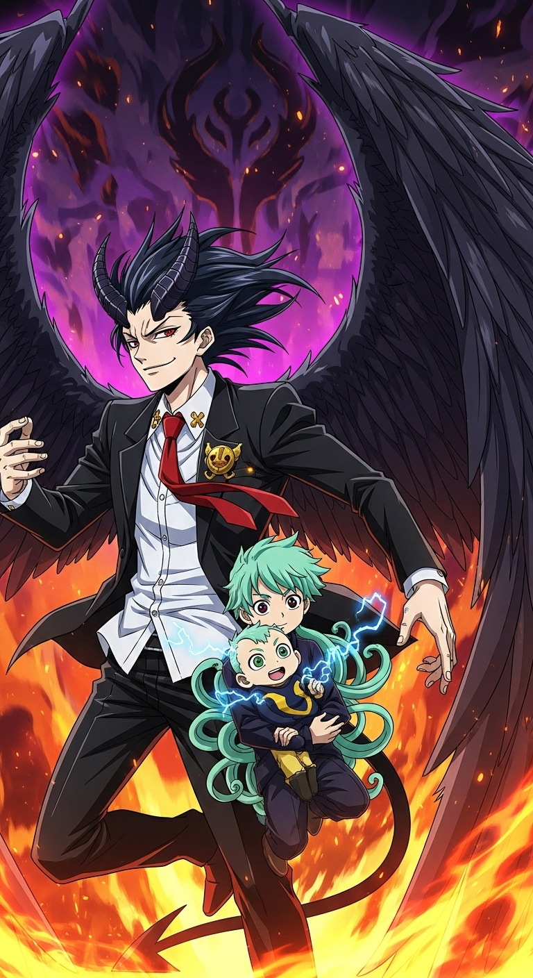 Beelzebub anime wallpaper featuring demon lord with black wings and baby Oga