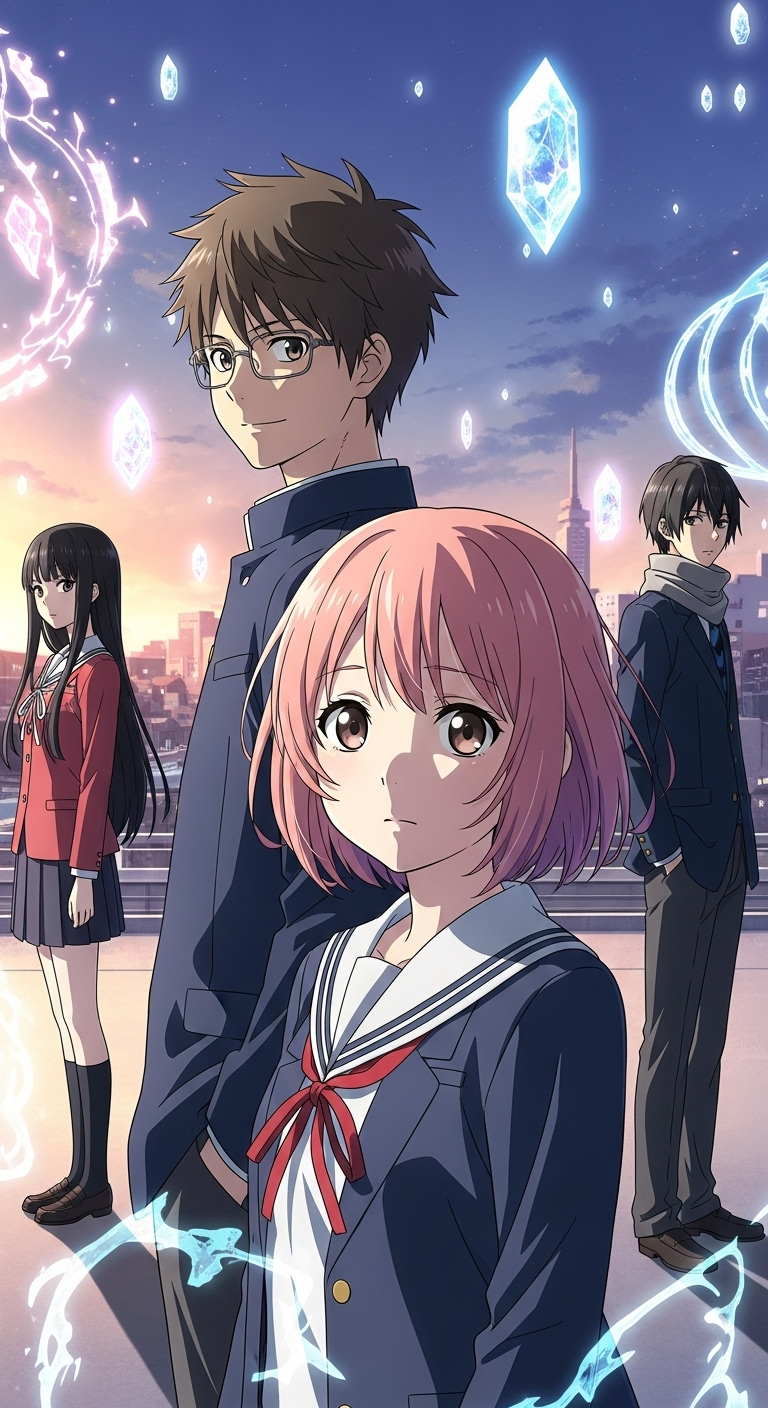 Beyond the Boundary anime wallpaper featuring magical high school students with glowing crystals