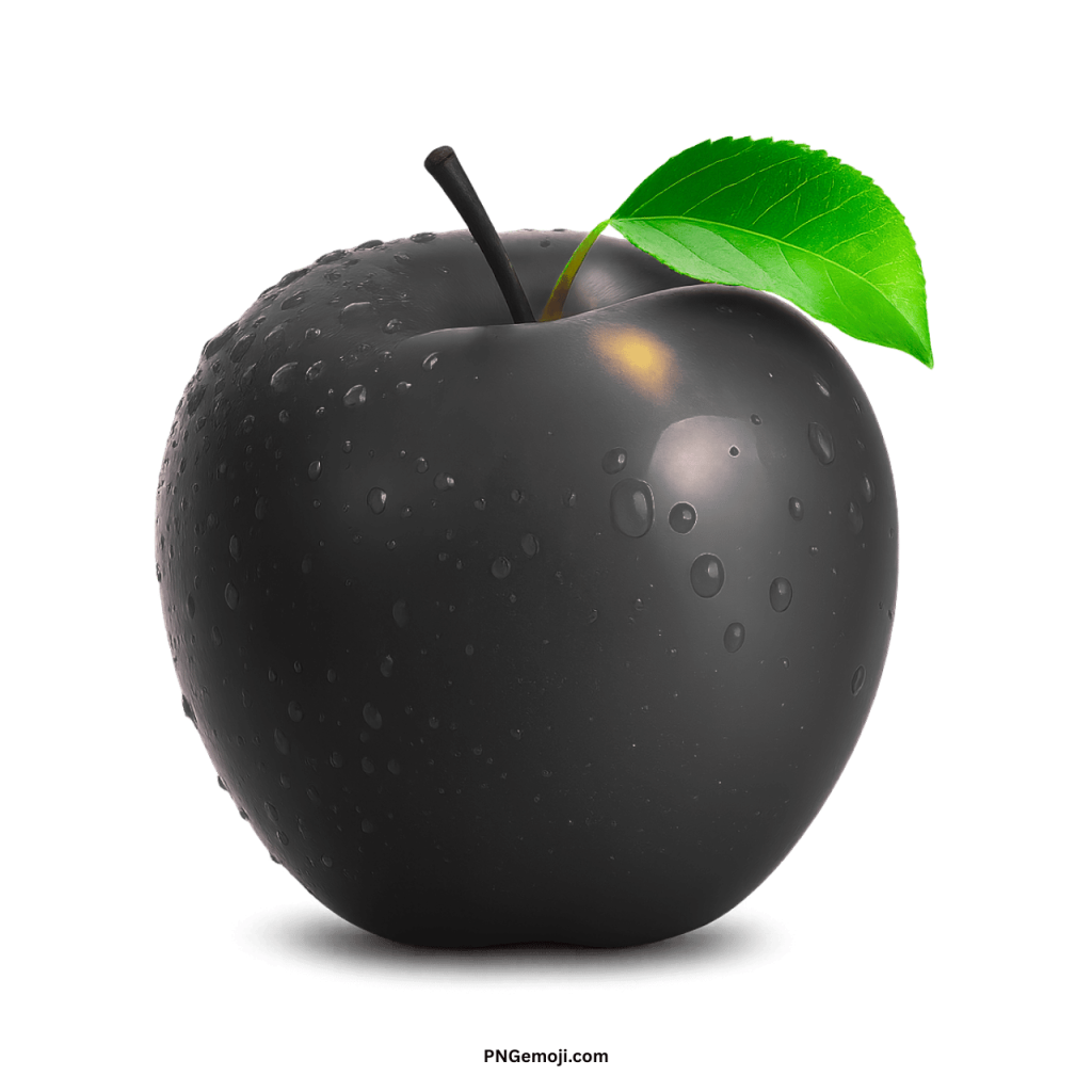 A mysterious black apple with a shiny texture and fresh water droplets on its surface.