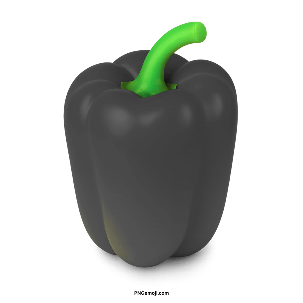 Black bell pepper emoji icon in 3D design with green stem transparent PNG