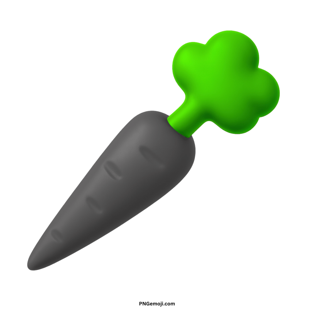 Black carrot emoji icon with bright green leafy top cartoon vegetable illustration PNG
