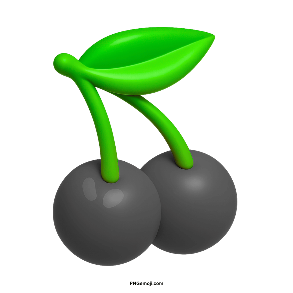  A sleek black cherry emoji with a subtle sheen and bright green leaves, set against a solid green background.