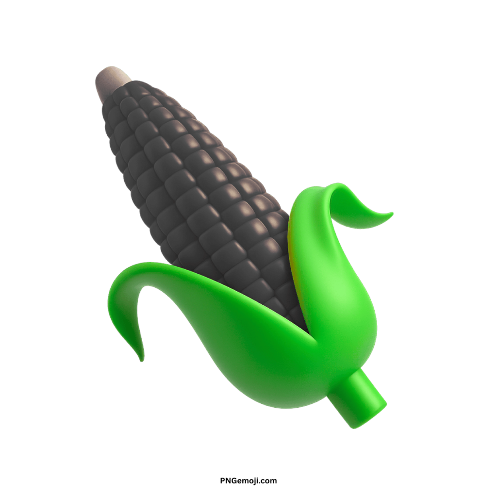 Black ear of corn emoji with green husk in 3D cartoon style illustration