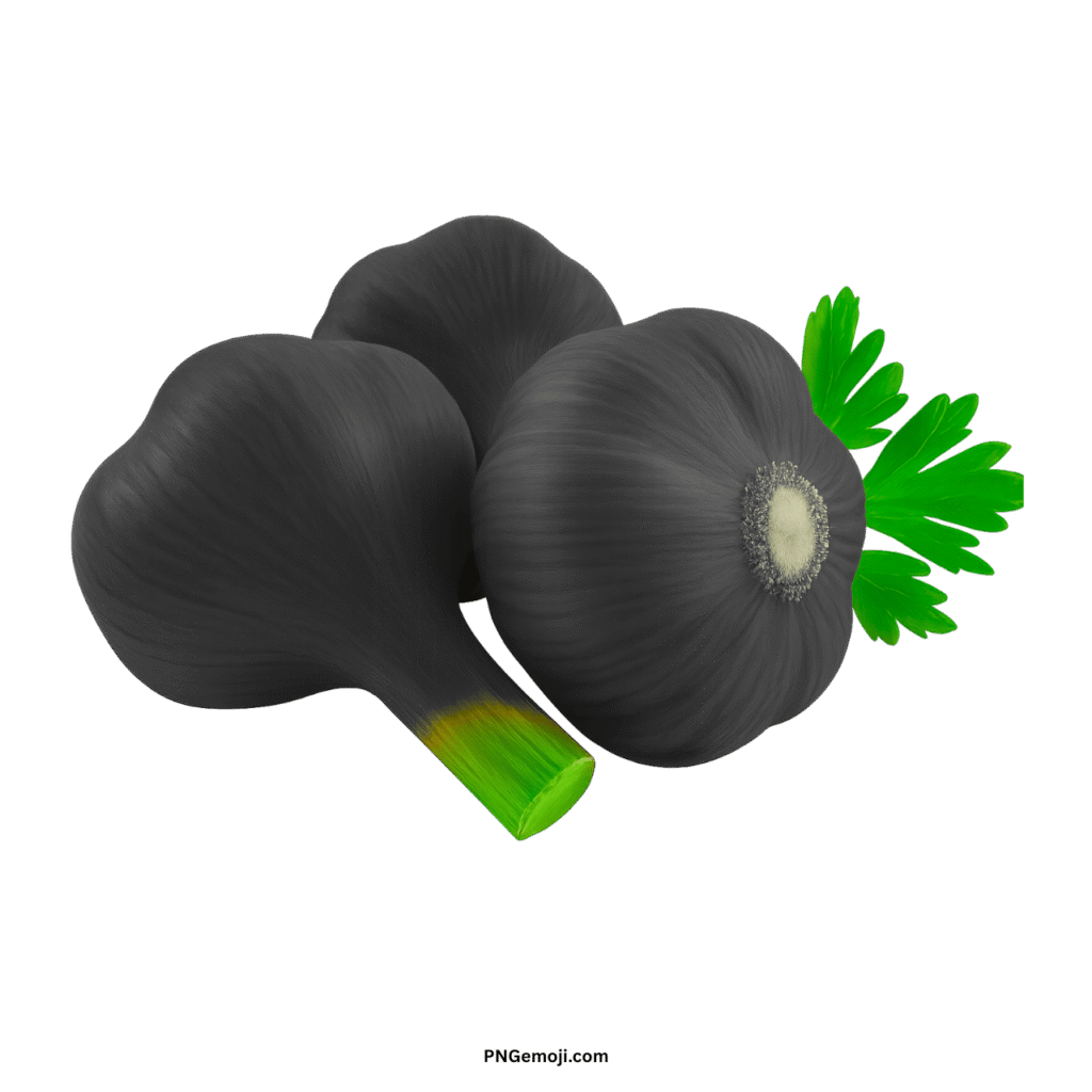 Black garlic emoji PNG illustration showing fresh garlic cloves with green leaves
