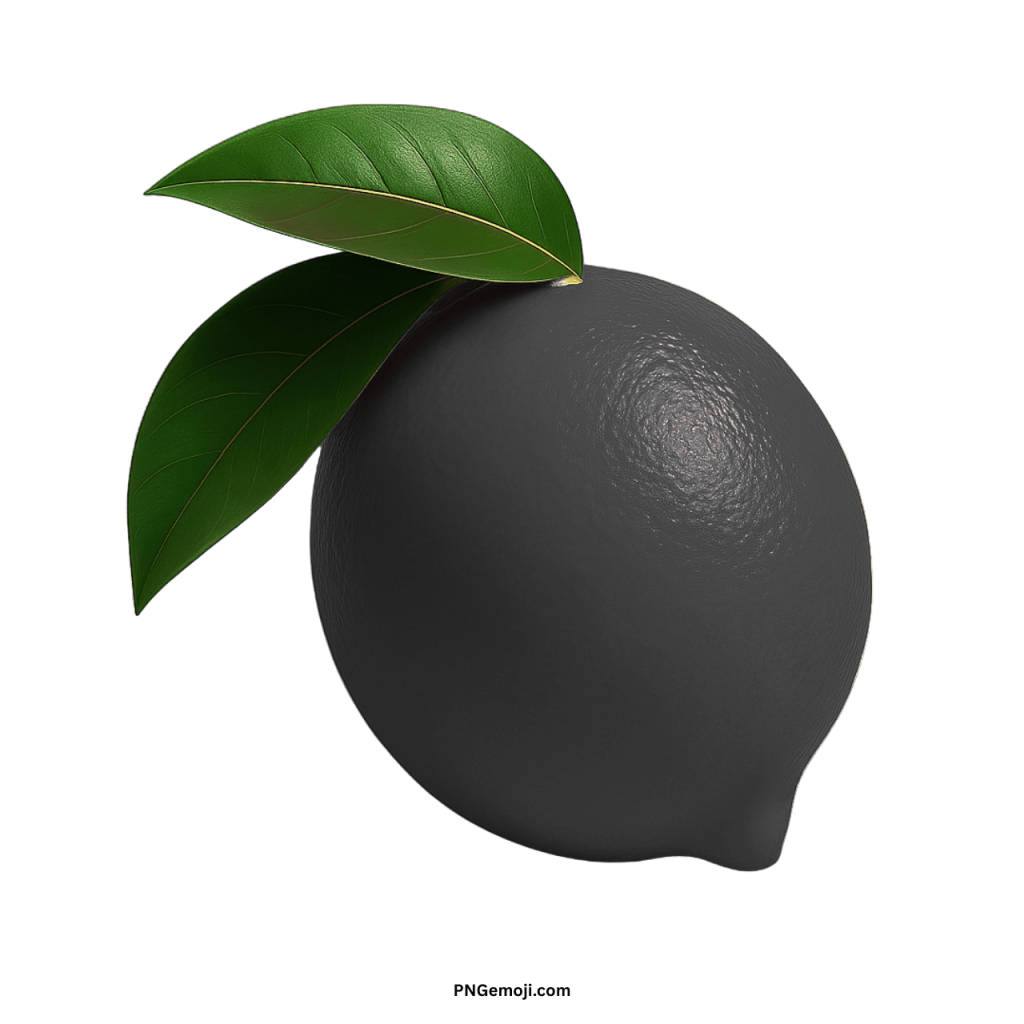 Black lemon emoji with green leaves, unique digital fruit design for creative online chats