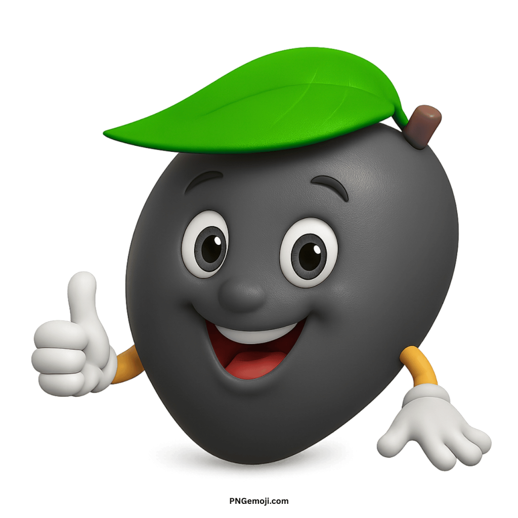 Smiling black mango emoji cartoon character with green leaf giving thumbs up PNG