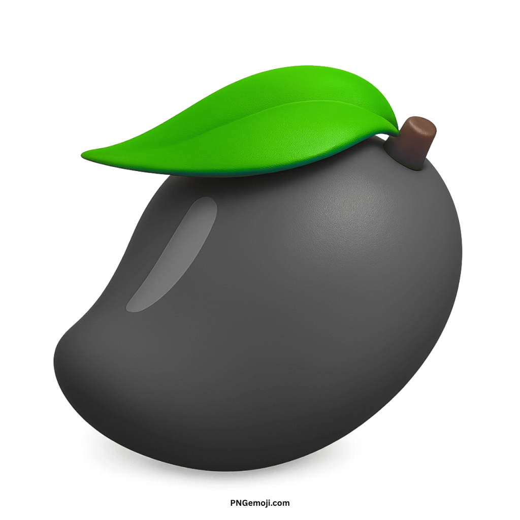 High-quality black mango emoji with green leaf and brown stem in 3D design