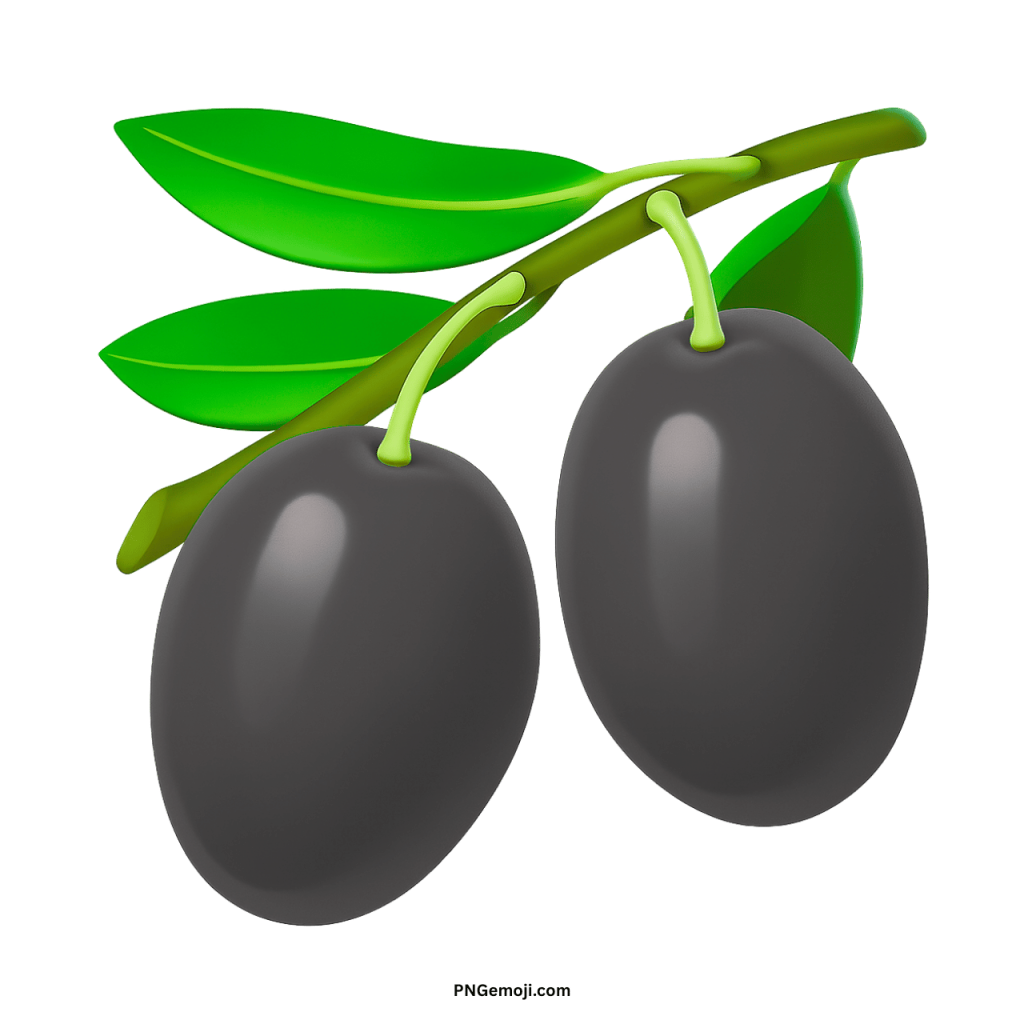 A glossy black olive emoji with green leaves on a branch, set against a black background.