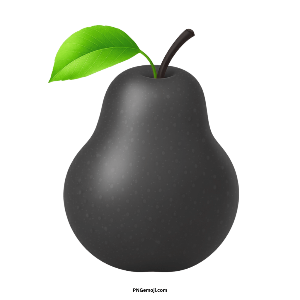 Realistic black pear emoji with a green leaf on a dark green background.