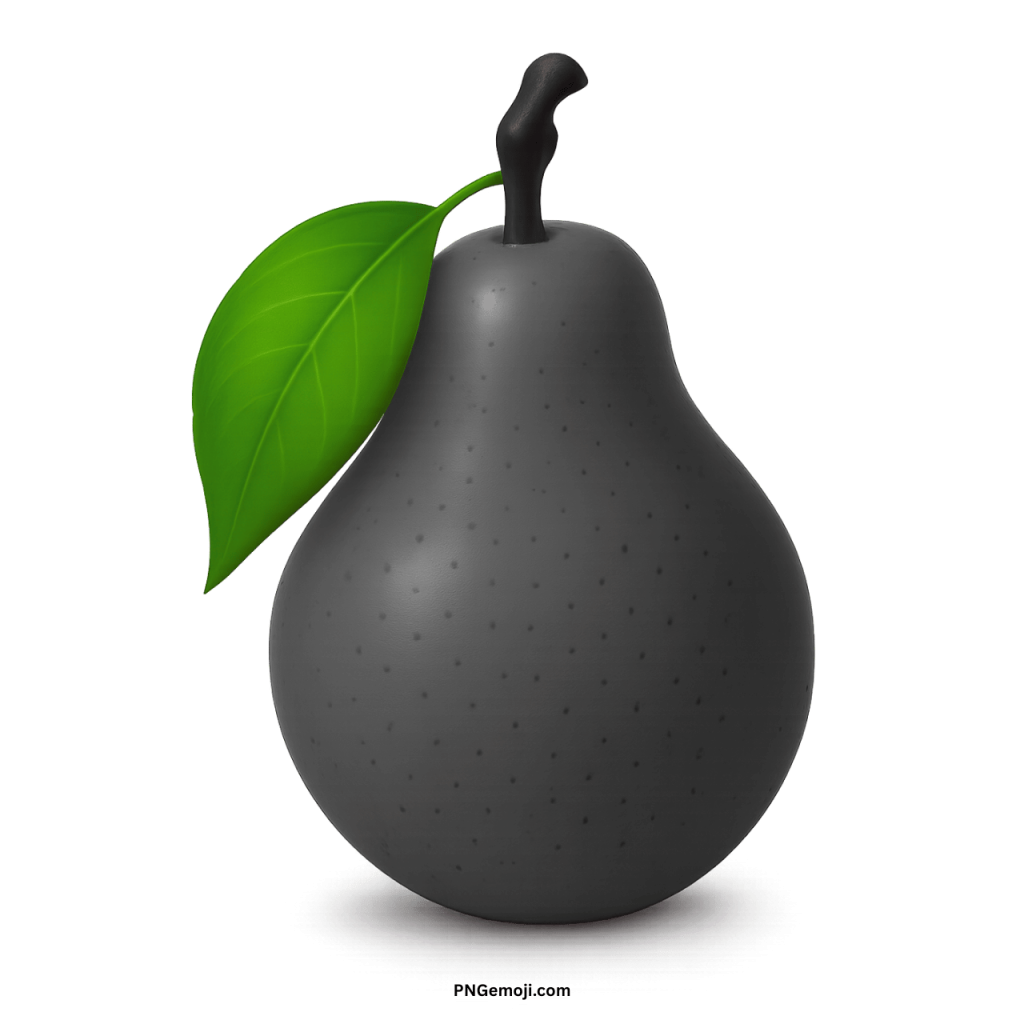 Stylish black pear with a vibrant green leaf and dark stem on a dark background.