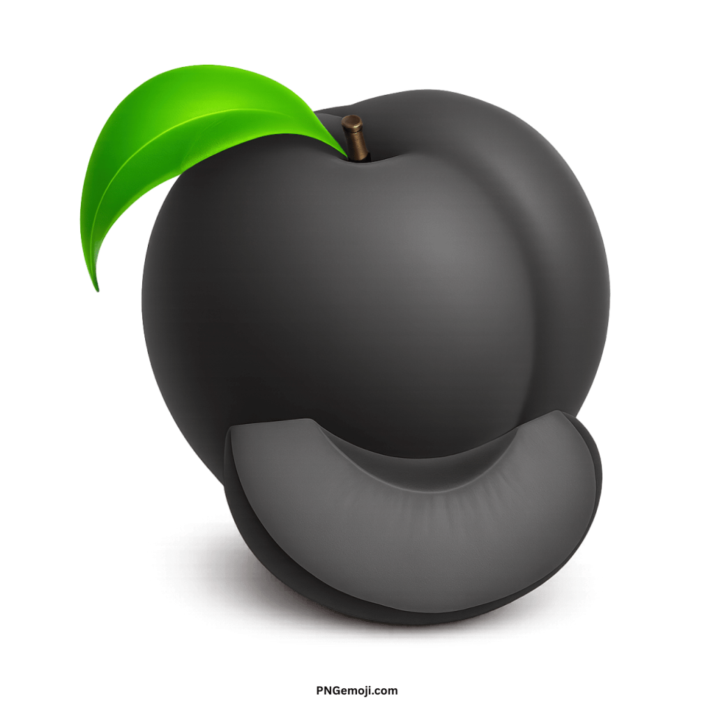 Dark black plum with a fresh green leaf and a slice, isolated on black background.