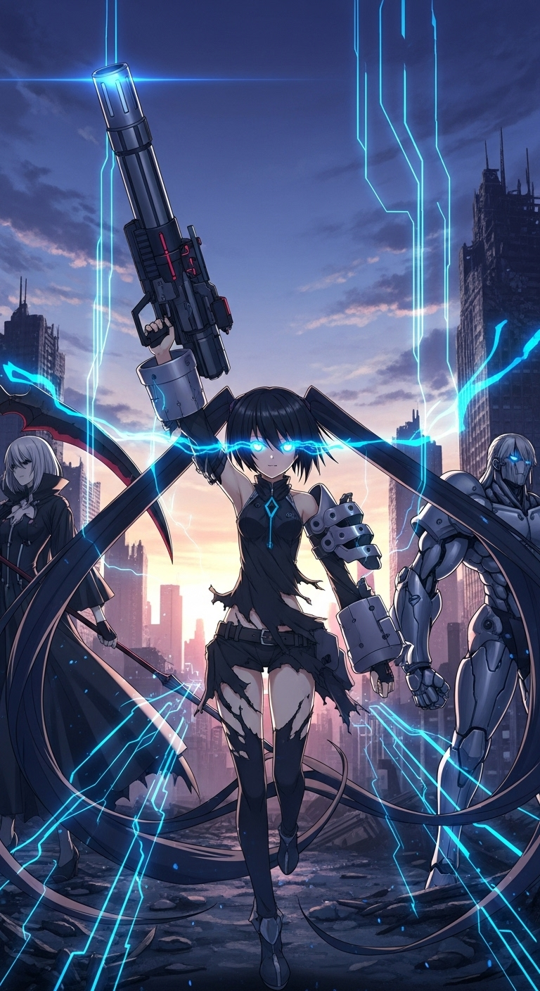 Black Rock Shooter Dawn Fall anime wallpaper with futuristic warriors and cyberpunk battle scene