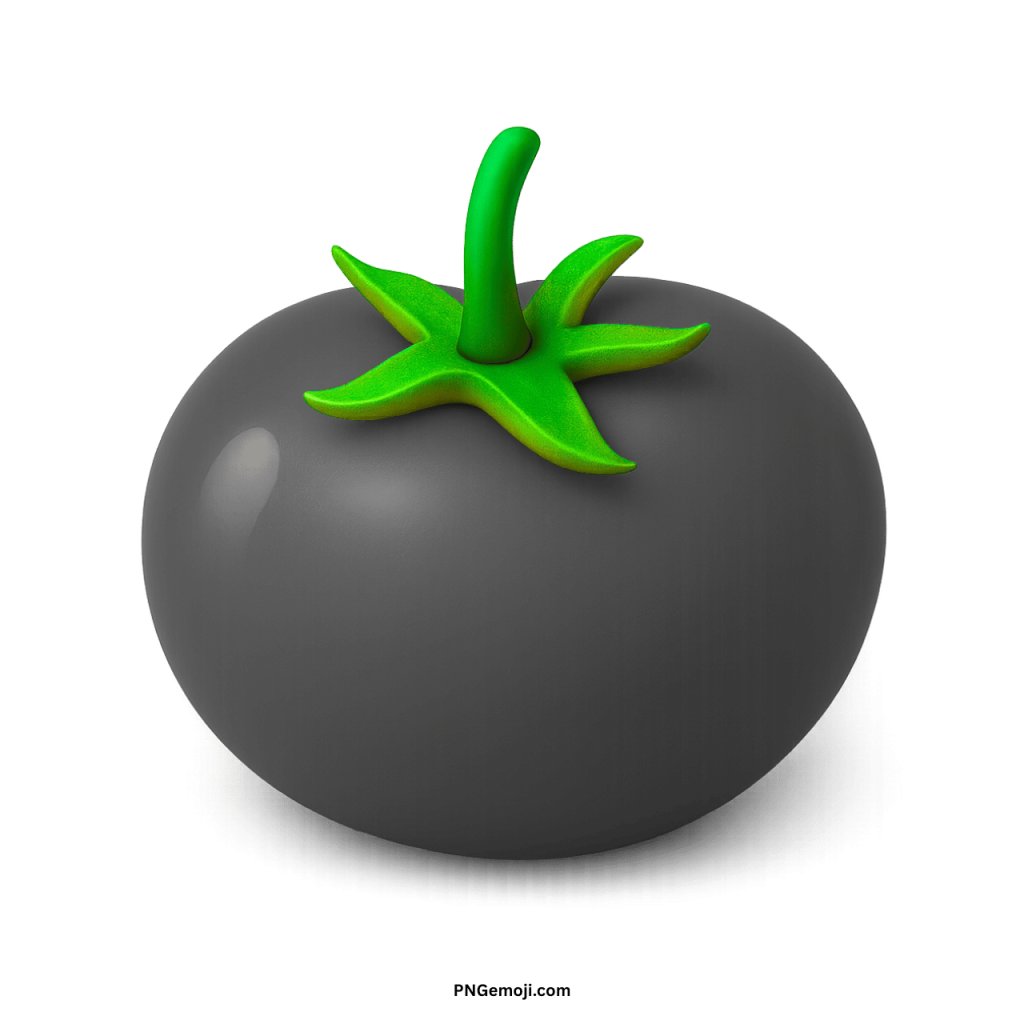 Black tomato emoji with green stem digital icon representing unique fruit illustration