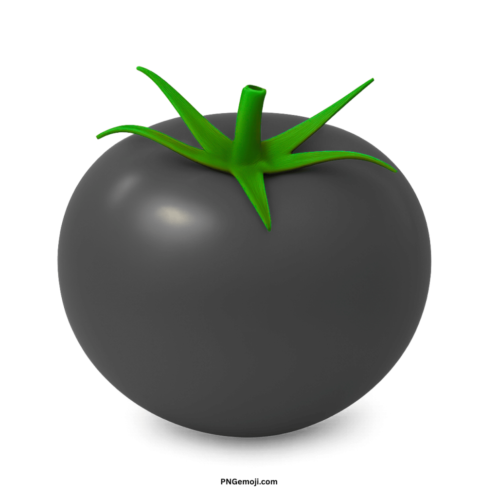 A rendered image of a black tomato with a vibrant green stem on a dark background.