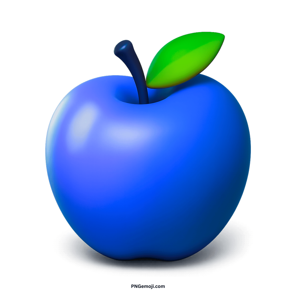 A vibrant 3D blue apple emoji with a green leaf and brown stem on a dark background.