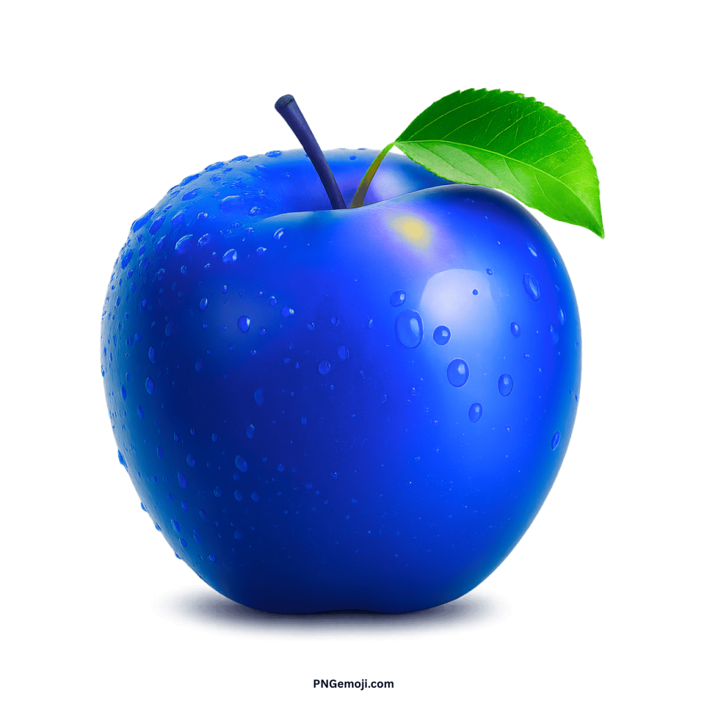  Vibrant blue apple with glistening water drops and a fresh green leaf on a dark background.