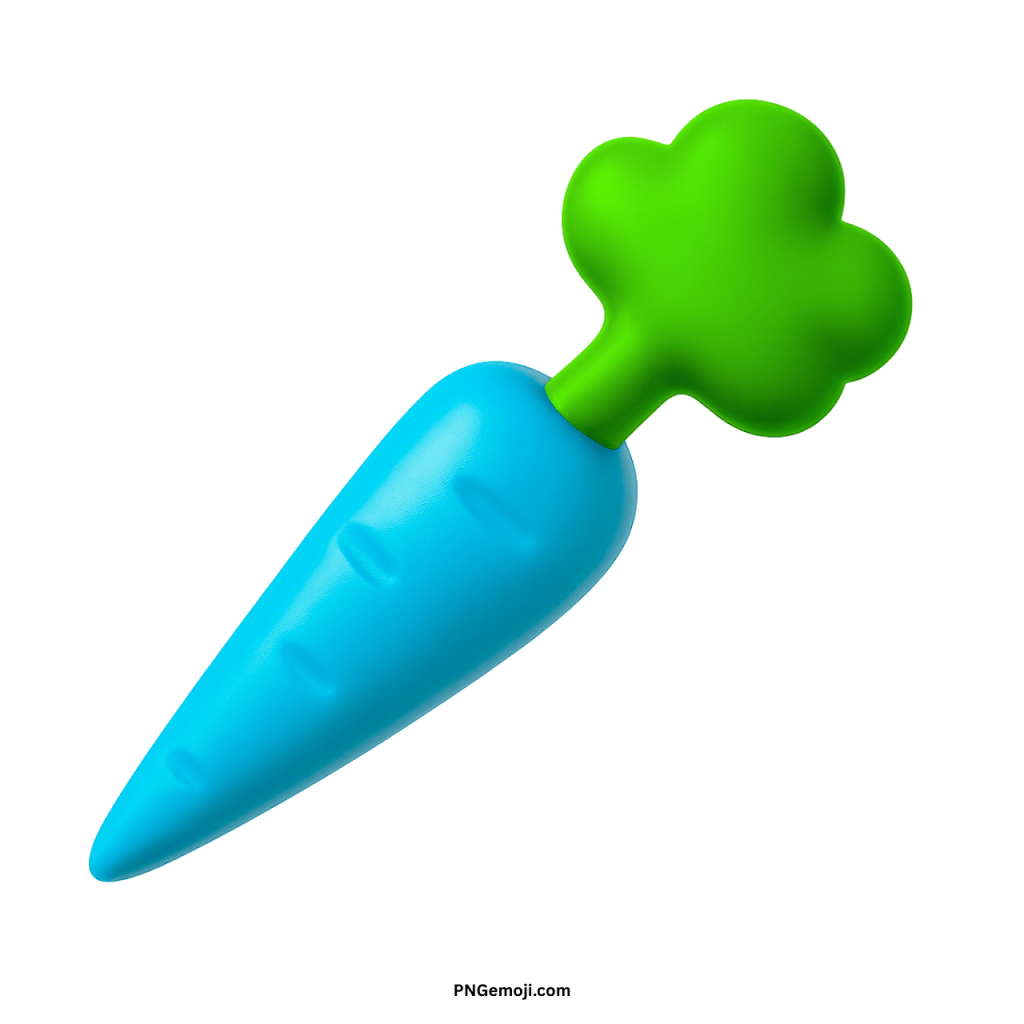 3D blue carrot emoji with green leaves, colorful vegetable symbol for fun design