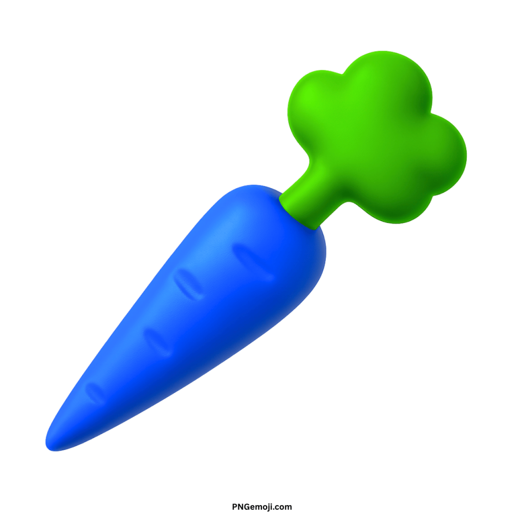 Blue carrot emoji icon with green leafy top cartoon vegetable design in PNG format