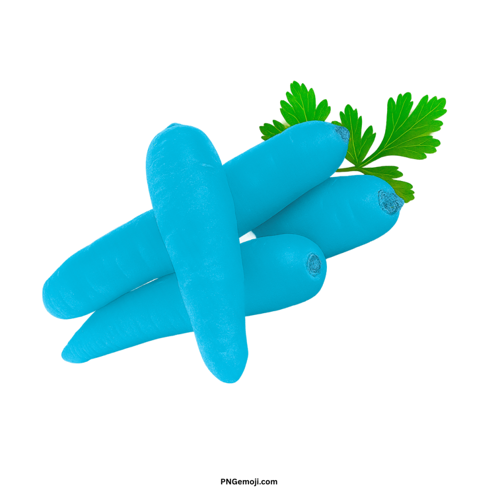 Unique blue carrot PNG with green leaves isolated on transparent background for creative design
