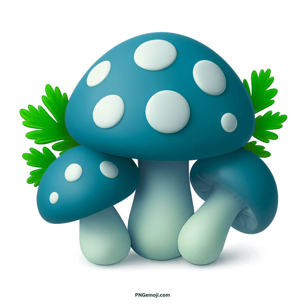 Blue mushroom PNG with white polka dots and green leaves in cartoon style