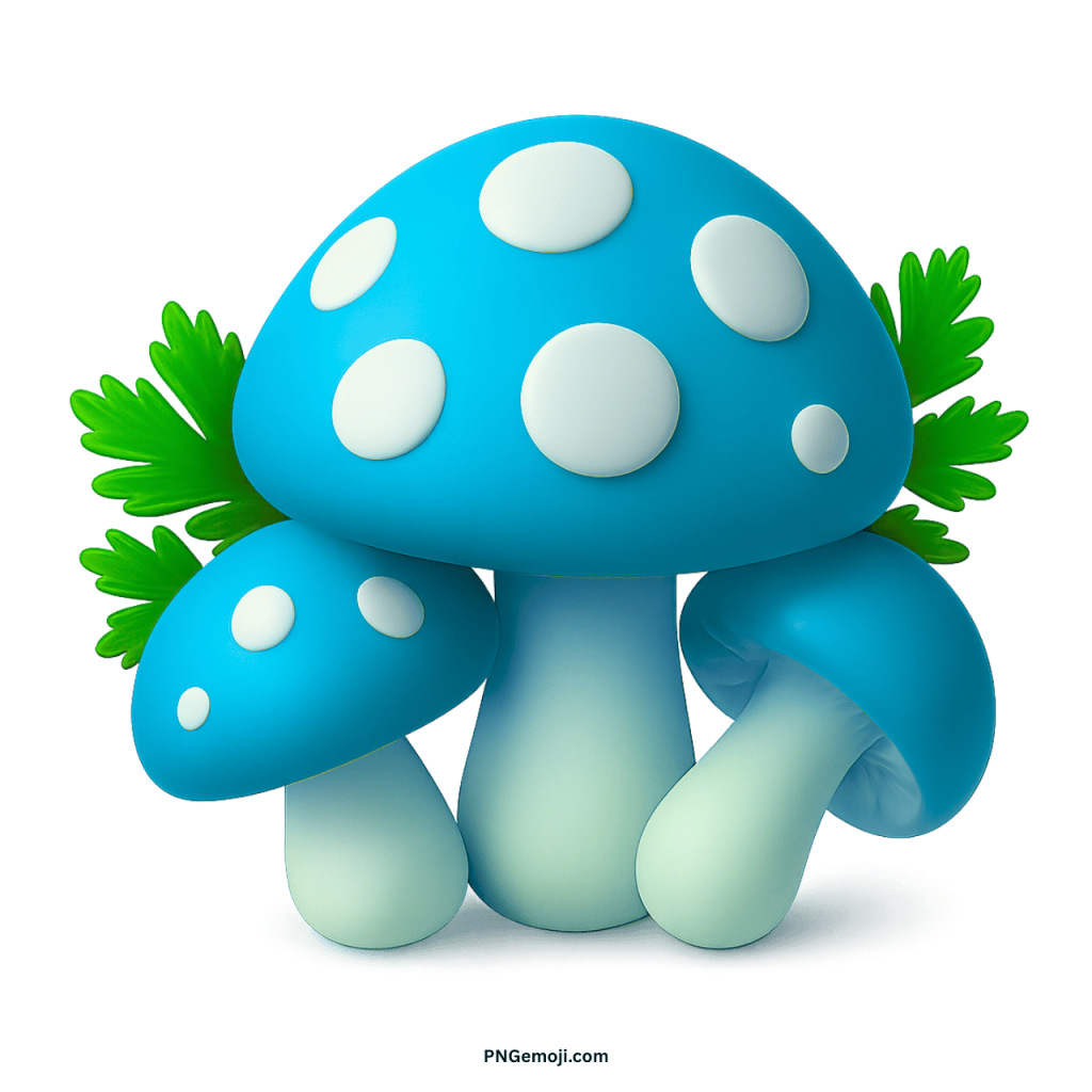 Blue cartoon mushroom PNG with white spots and leafy green accents in high resolution