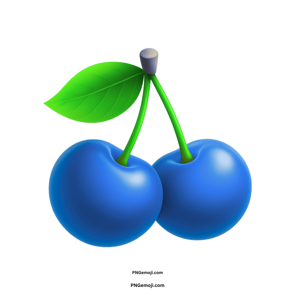 A vibrant image featuring two plump, glossy blue cherries with a single green leaf.