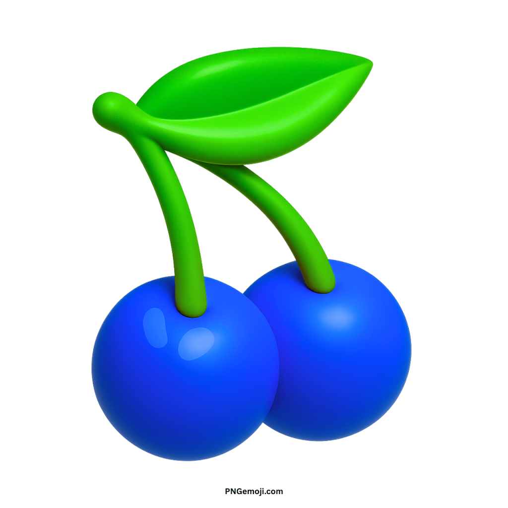 A vibrant blue cherry emoji with a glossy finish and bright green leaves on a solid green background.