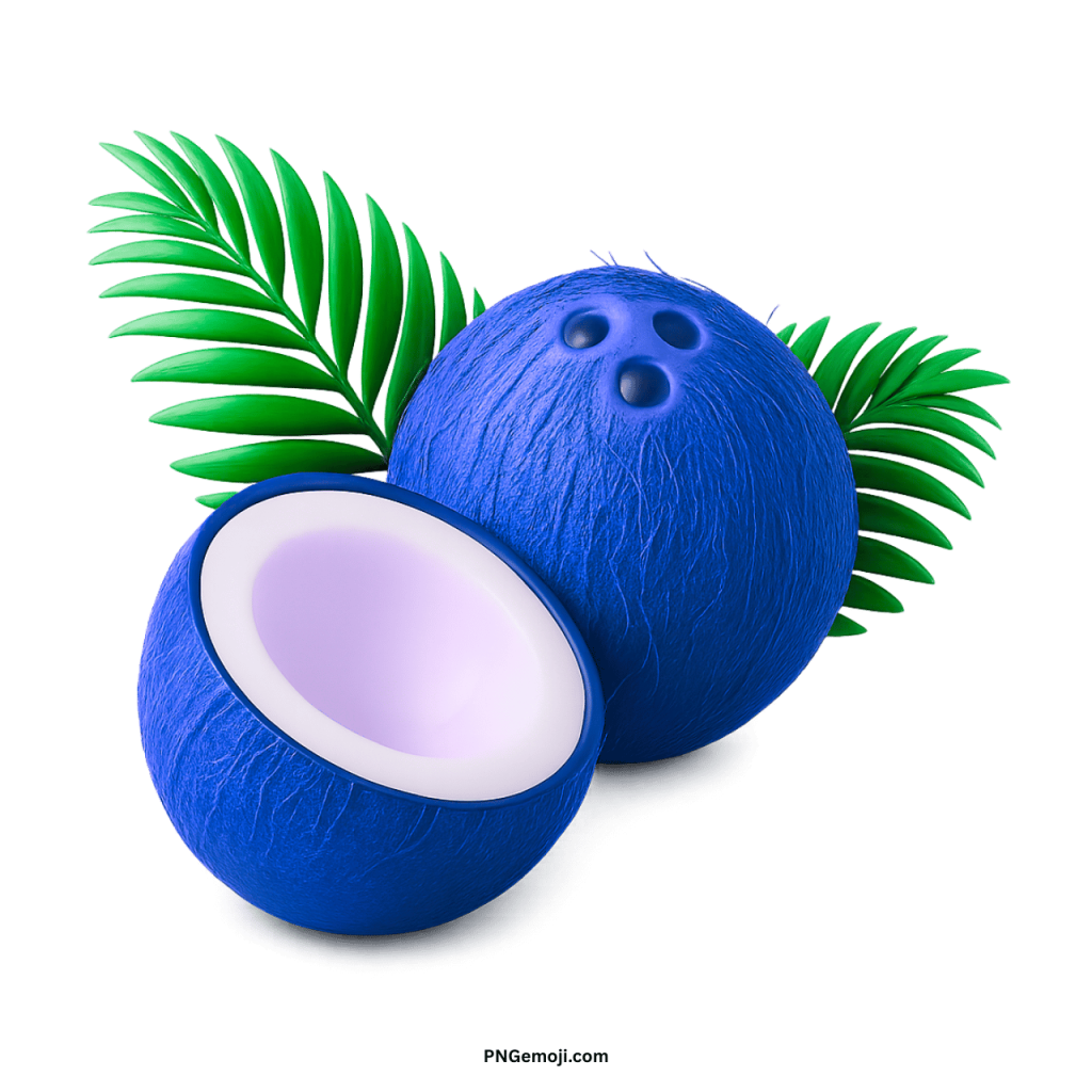 Blue coconut fruit PNG with tropical green palm leaves digital illustration isolated background