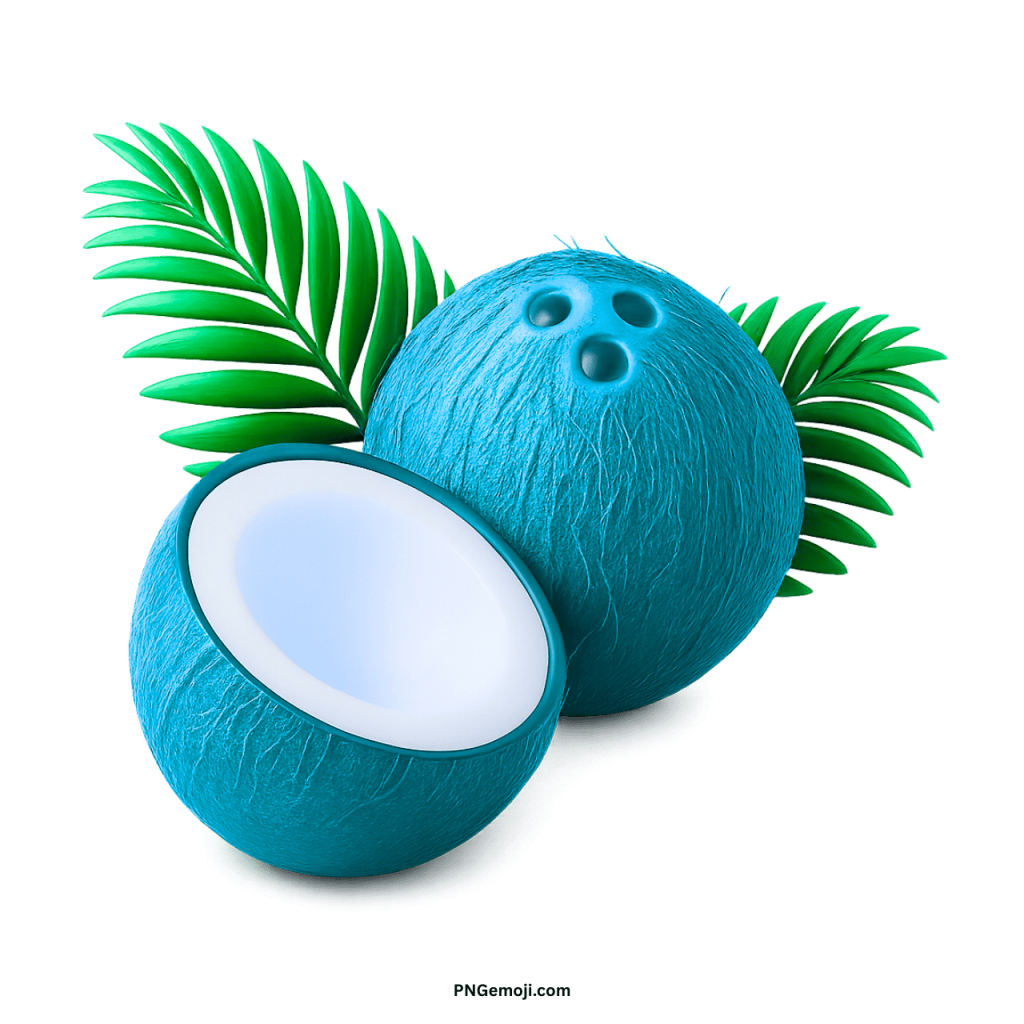 Blue coconut fruit with palm leaves, tropical exotic coconut PNG illustration design