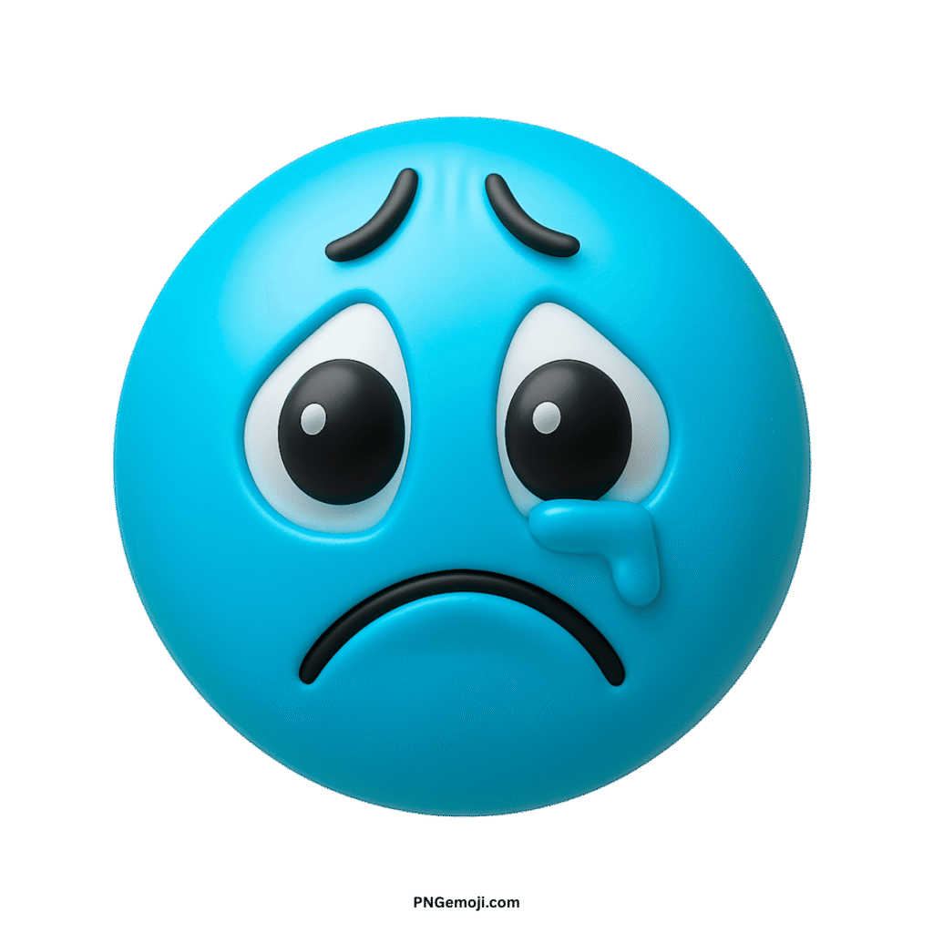 Blue crying sad face emoji PNG with tear drop and frowning mouth transparent background