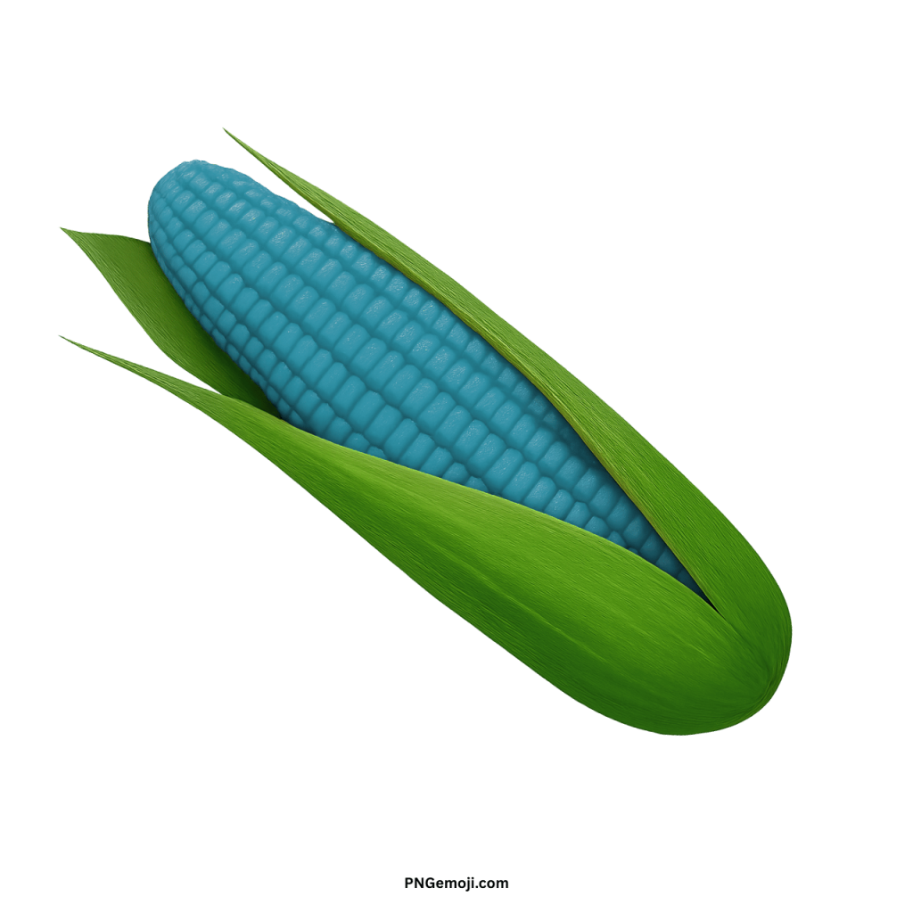 Blue ear of corn emoji PNG with green husk isolated on transparent background