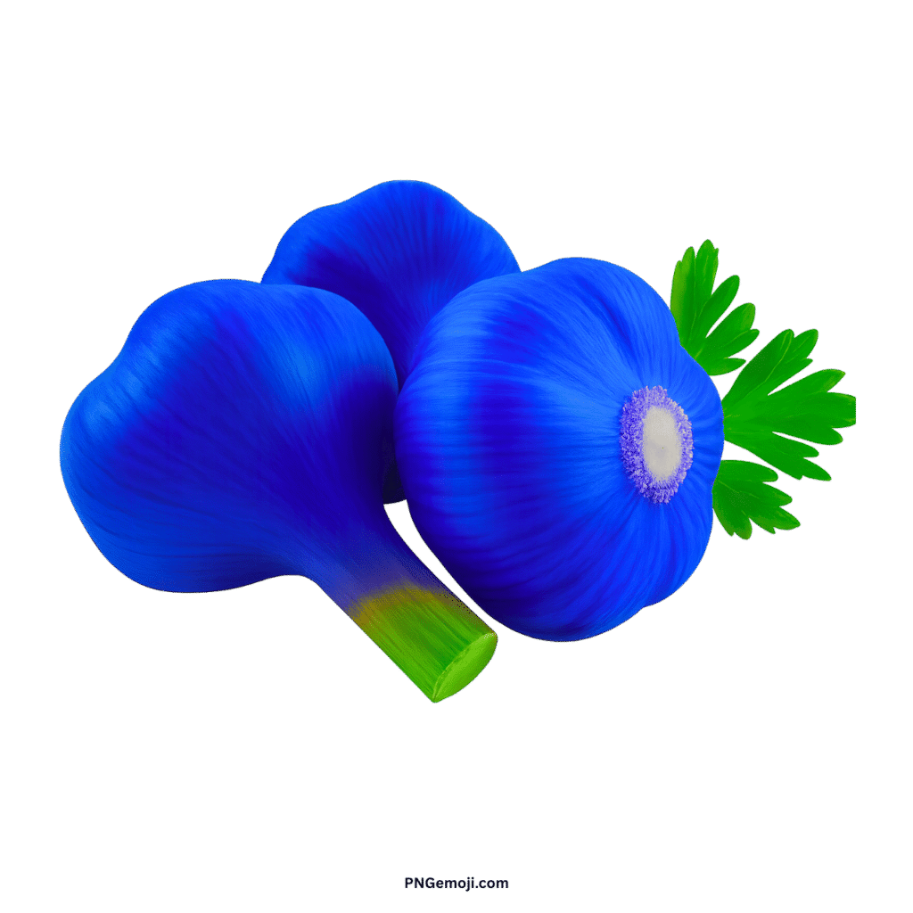Blue garlic emoji PNG illustration showing fresh garlic cloves with green leaves