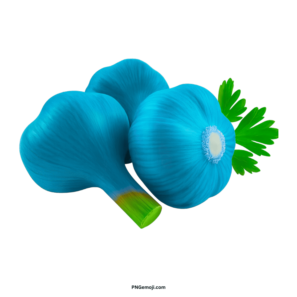 Vibrant blue garlic heads with fresh green parsley sprigs on a sleek black background PNG.
