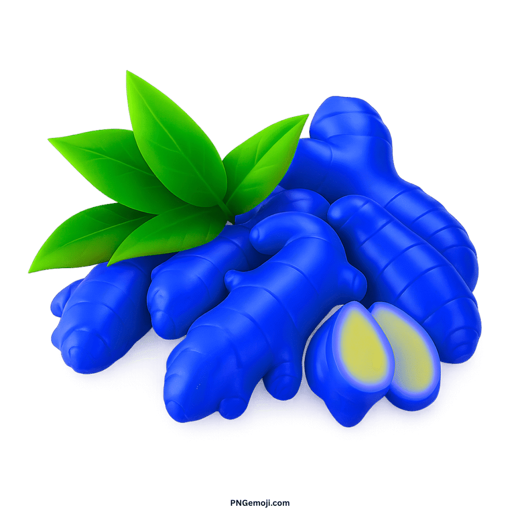  Vibrant blue ginger roots with fresh green leaves and a sliced piece on a dark background.
