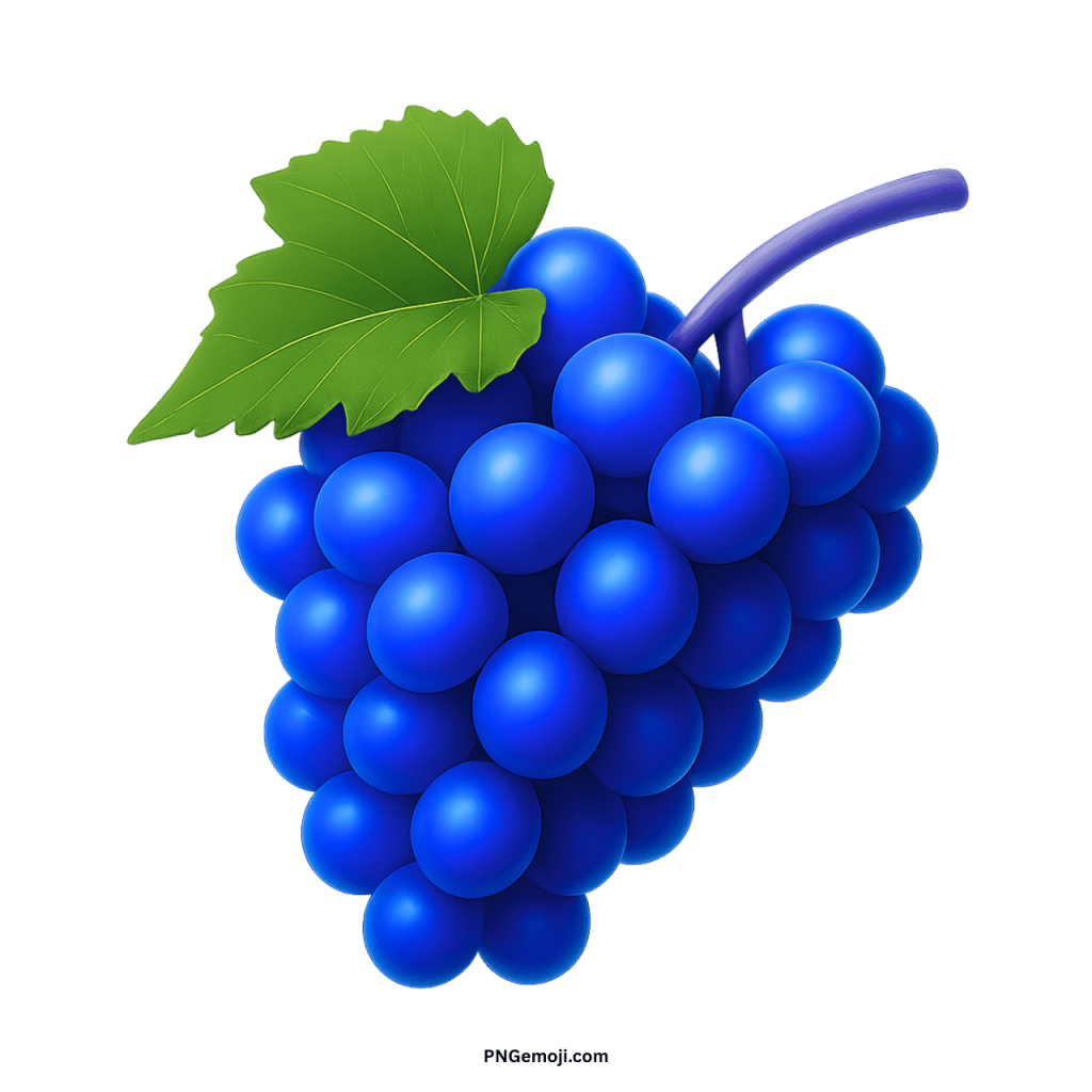 A vibrant blue grape emoji with a green leaf and purple stem on a black background.
