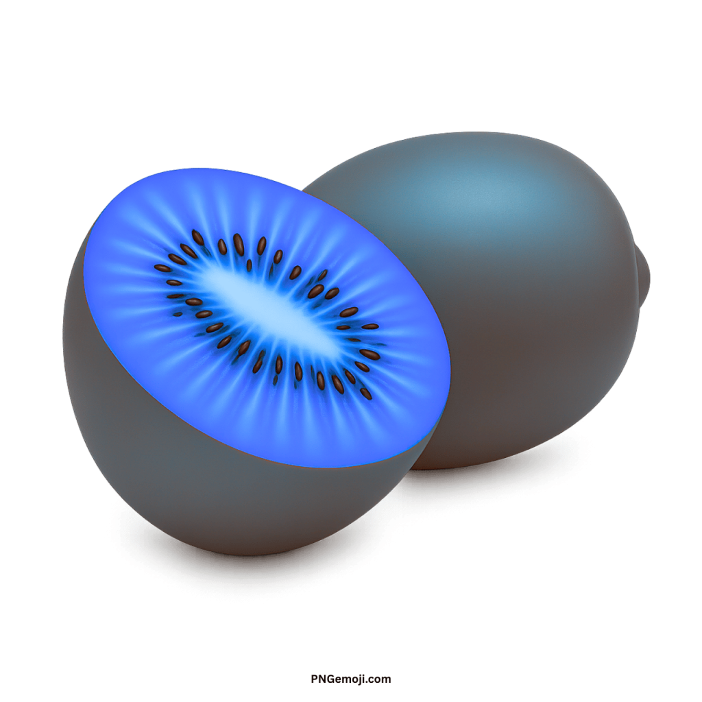Blue kiwi fruit PNG transparent image with seeds, half cut and whole fruit emoji