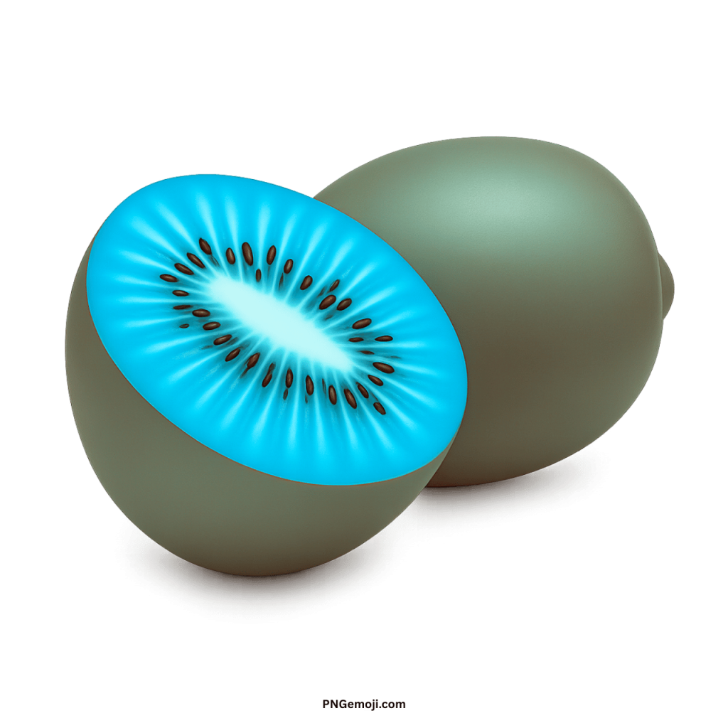 Blue kiwi fruit PNG with sliced bright blue flesh and smooth brown skin isolated
