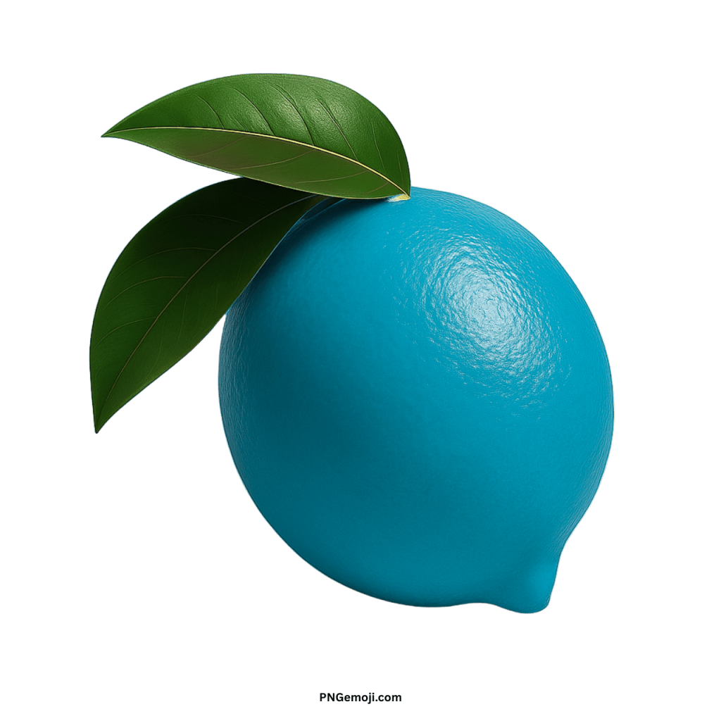 Blue lemon emoji with glossy texture and green leaves isolated on transparent background illustration