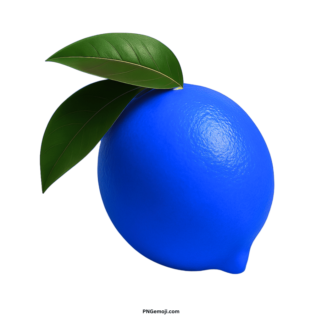 Blue lemon emoji with green leaves, digital fruit icon symbol for fun chat expressions