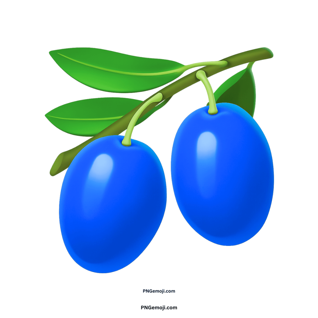 A vibrant blue olive emoji with green leaves on a branch, set against a black background.