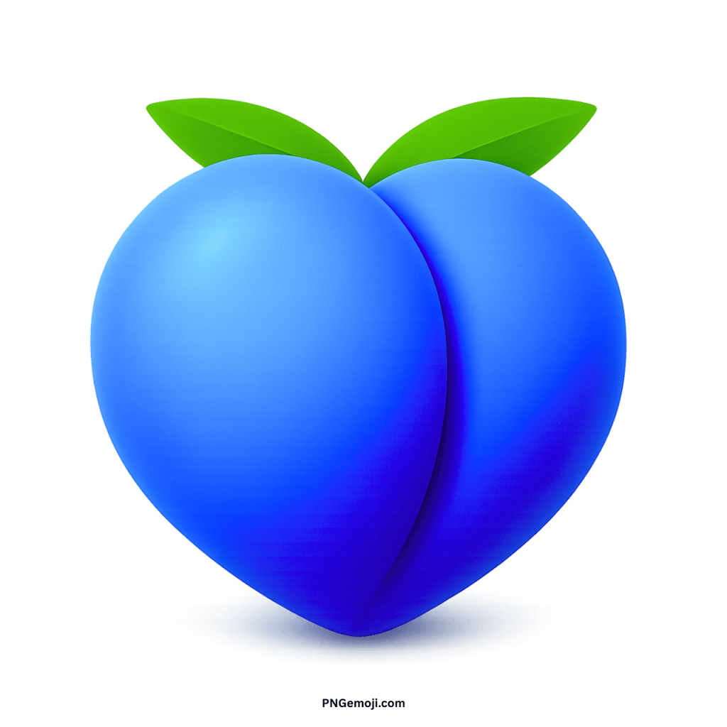 Blue peach emoji icon with green leaves, representing freshness and digital communication.