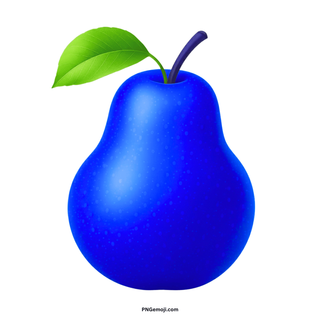Vibrant blue pear emoji with green leaf and purple stem on a black background.
