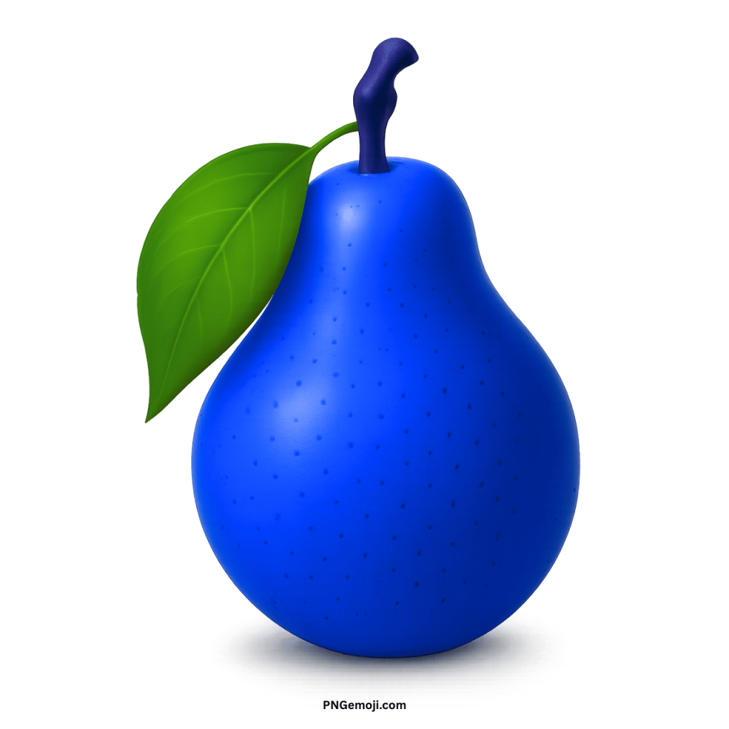 Vibrant blue pear with a green leaf and stem on a black background
