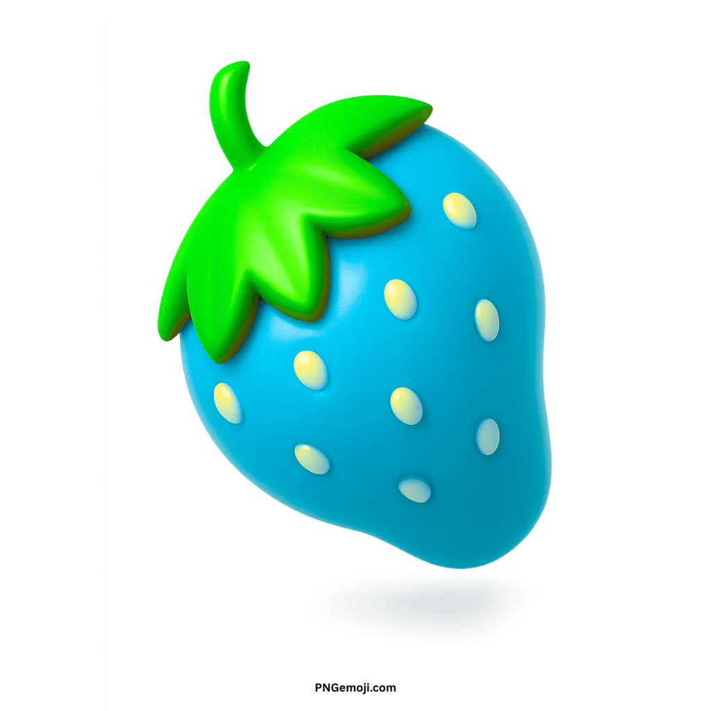 3D rendered blue strawberry emoji with green stem and white seeds.